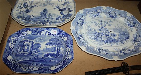 3 blue and white meat plates